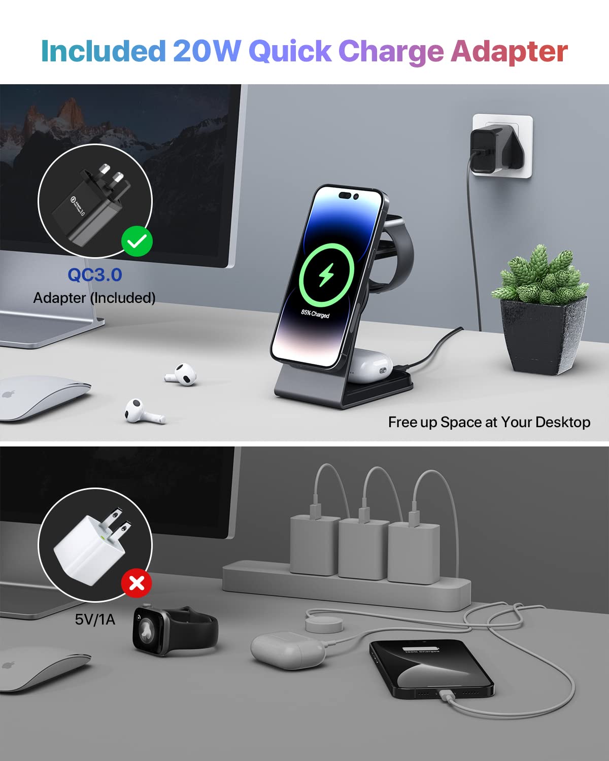 3 in 1 Mag-Safe Wireless Charging Station,Aluminum Alloy Magnetic 18W Fast Charger Stand Compatible with iPhone 15/14/13/12 Series,Apple Watch Series,Airpods 3/2/pro