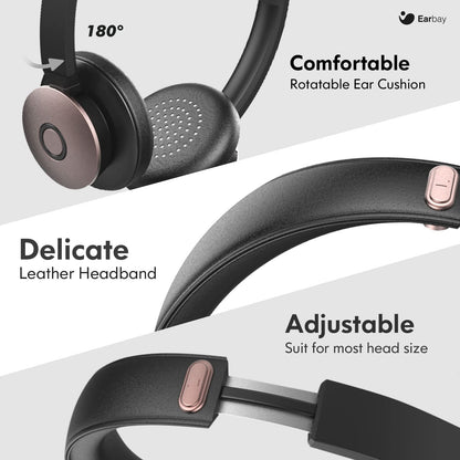 Bluetooth Headset, Wireless Headphones with Microphone Noise Cancelling, On Ear Headphones with Mic Mute, Handsfree PC Headsets for Zoom/Ms Teams/Skype 26H Playtime|Dual Connect|Laptop