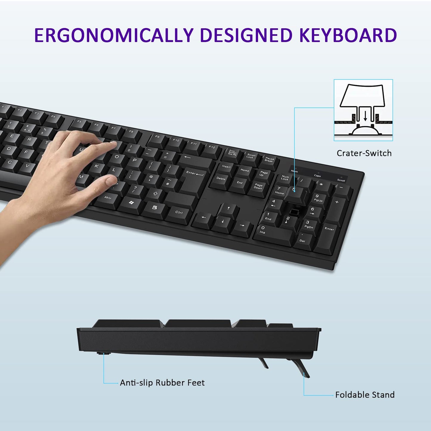 cimetech 2.4G Wireless Keyboard, QWERTY UK Full-Size Layout, USB Computer Keyboard with Numeric Keypad & Ergonomic Keys for Desktop/PC/Laptop/Surface/Smart TV/Notebook and Windows - Black