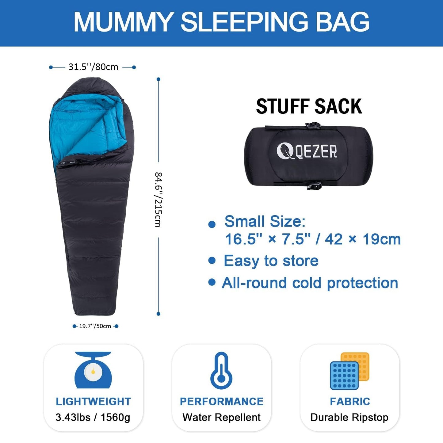 - QEZER Down Sleeping Bag for Adults | Lightweight Sleeping Bag  | -15 Degree C for 4 Seasons Camping -