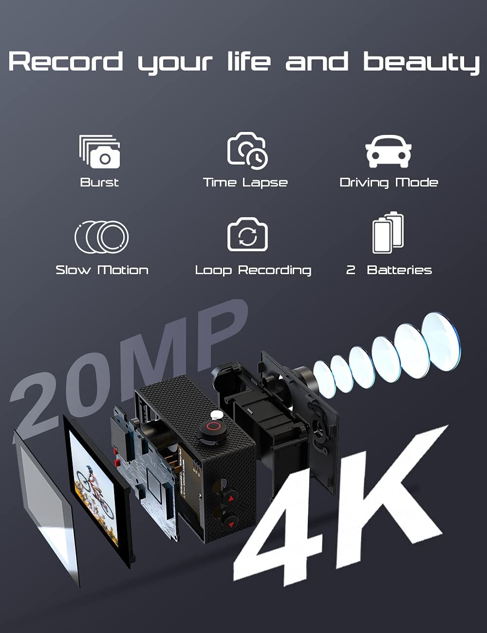 Apexcam 4K Action Camera 20MP 40M Waterproof Sports Camera for Vlog With Ultra HD 170°Wide-Angle 2.4G Remote Control 2 Rechargeable Batteries 2.0'' LCD Screen and Accessories Kit