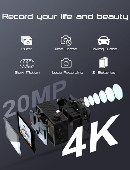 Apexcam 4K Action Camera 20MP 40M Waterproof Sports Camera for Vlog With Ultra HD 170°Wide-Angle 2.4G Remote Control 2 Rechargeable Batteries 2.0'' LCD Screen and Accessories Kit
