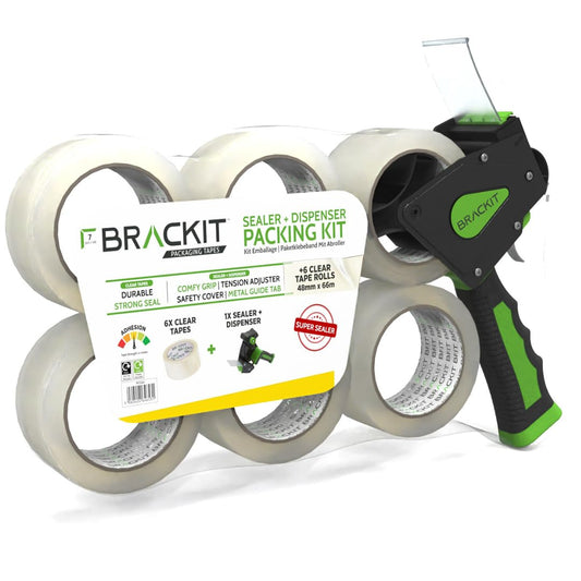 Bracket Tape Gun, Pack of 6 Clear Rolls 48mm x 66m Strong Heavy Duty Packing Tape for Regular Use or Moving – Easily Seals Your Parcels and Boxes
