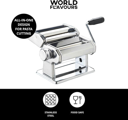 -World of Flavours Pasta Maker, Manual Pasta Machine with 9 Adjustable Thickness, Italian Deluxe Double Cutter, Stainless Steel