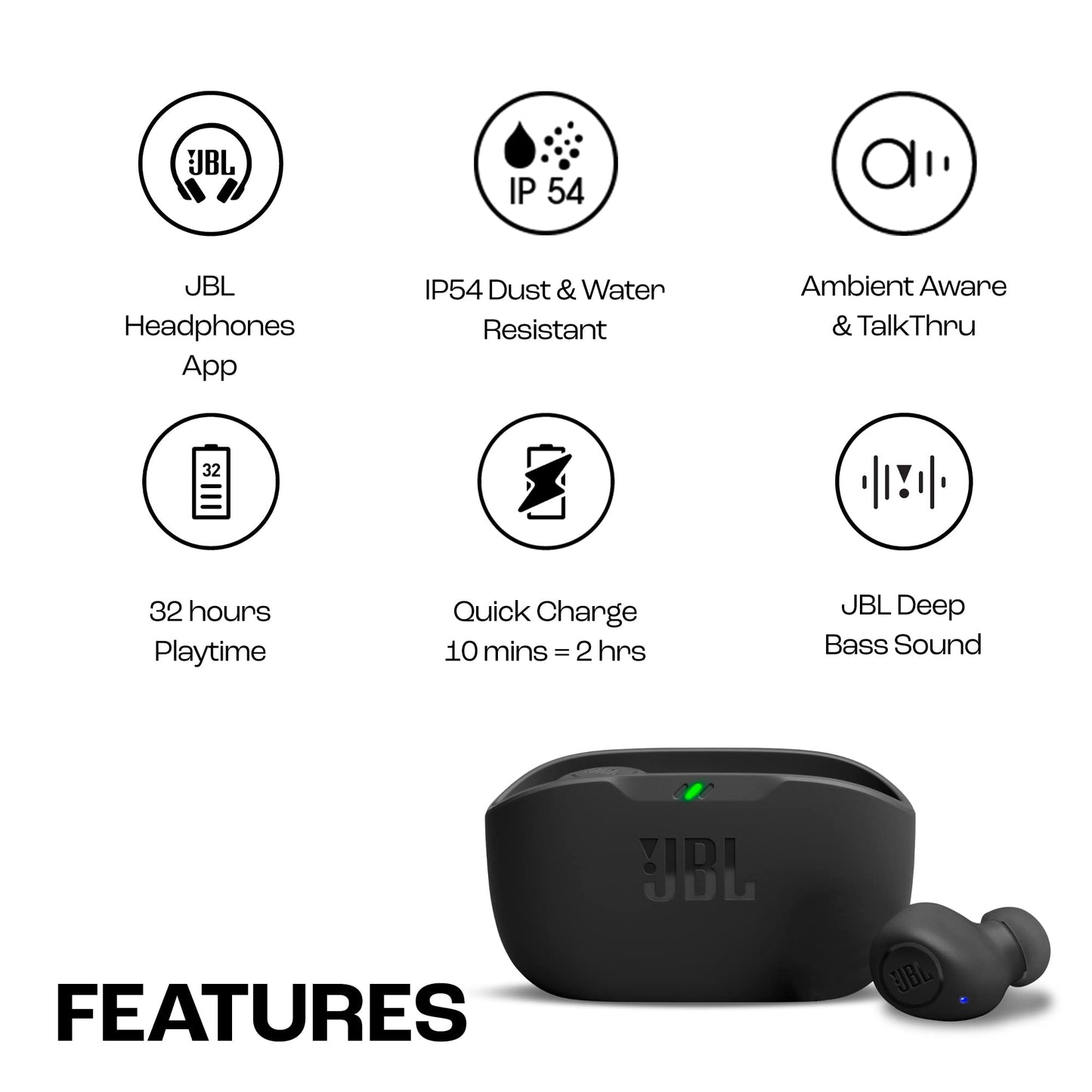 - JBL Wave Buds | In-Ear Wireless Earbuds | IP54 and IPX2 Waterproofing | Powerful Bass and 32 hours Battery Life -