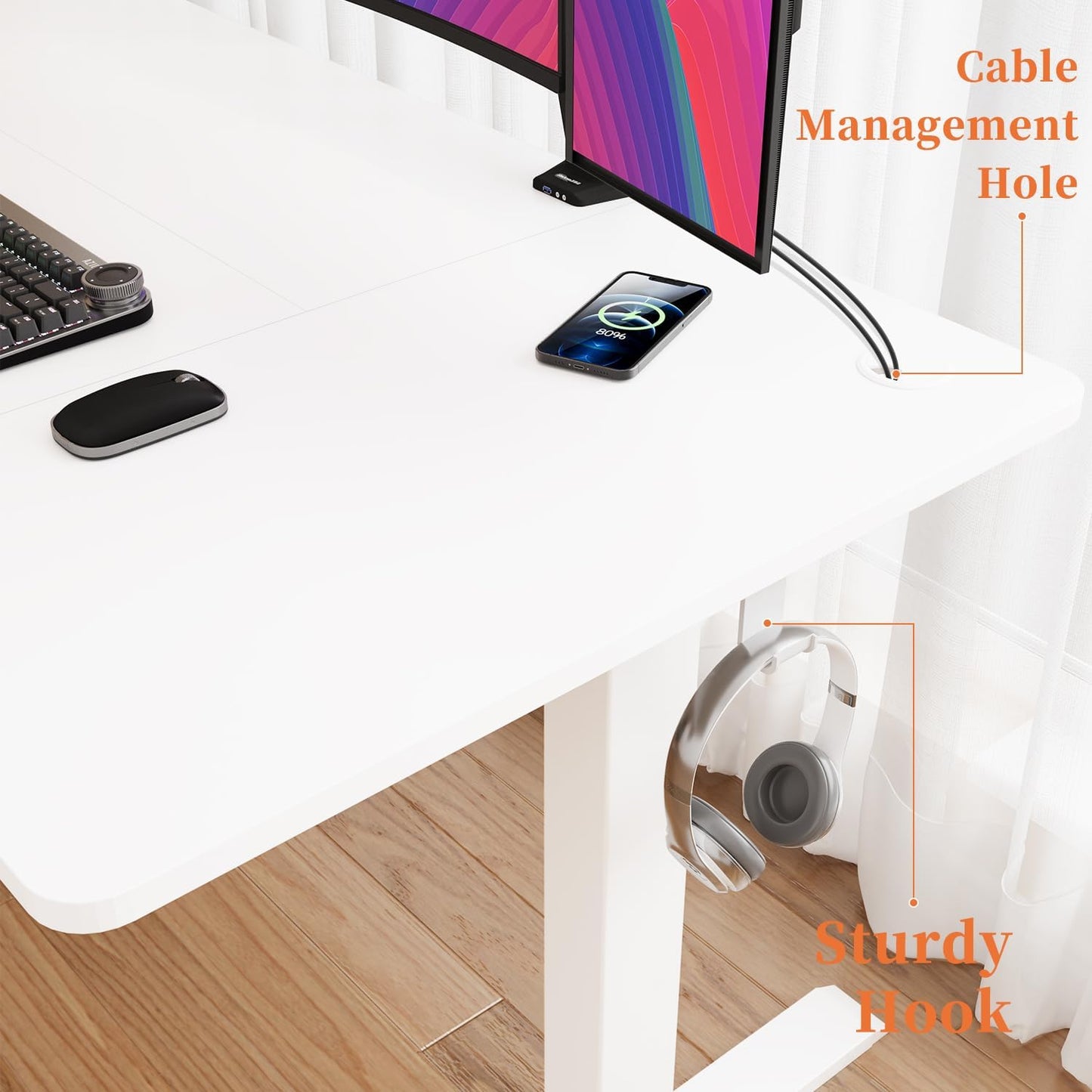 Devoko Electric Standing Desk 120x60cm Sit Stand Table Height Adjustable Desk with Backpack Hook and Memory Smart Pannel, White