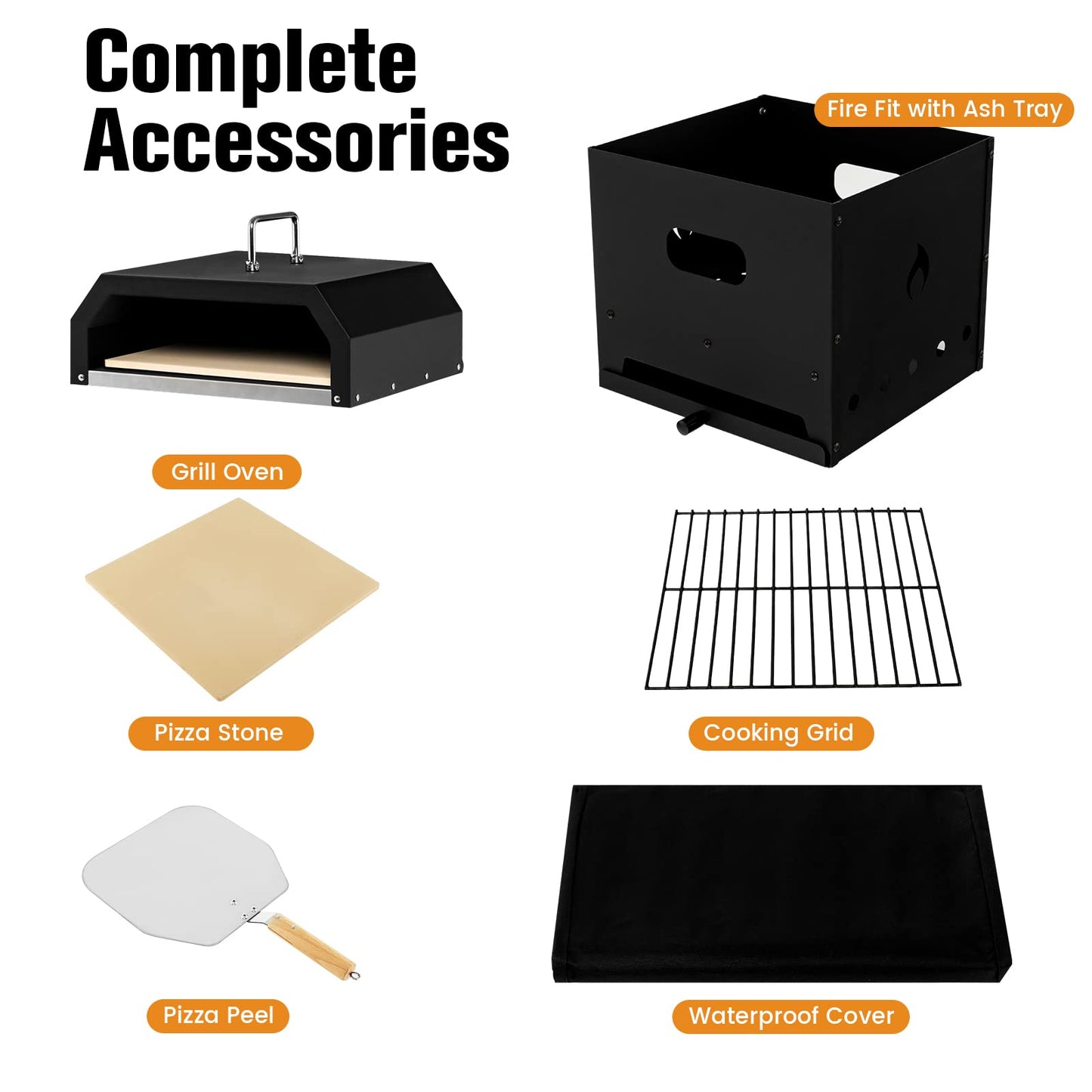 COSTWAY 4-in-1 Outdoor Pizza Oven, 2-Layer Detachable Grill Oven and Fire Pit With Pizza Stone, Pizza Peel, Cover & Cooking Grill Grate, Wood Fired Pizza Maker