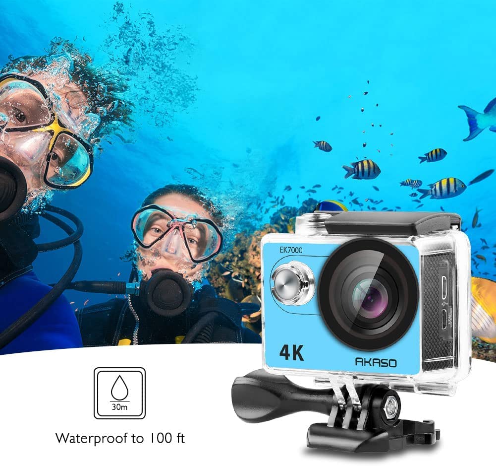 AKASO EK7000 4K30FPS Action Camera - 20MP Ultra HD Underwater Camera 170 Degree Wide Angle 98FT Waterproof Camera with Accessory Kit - Blue