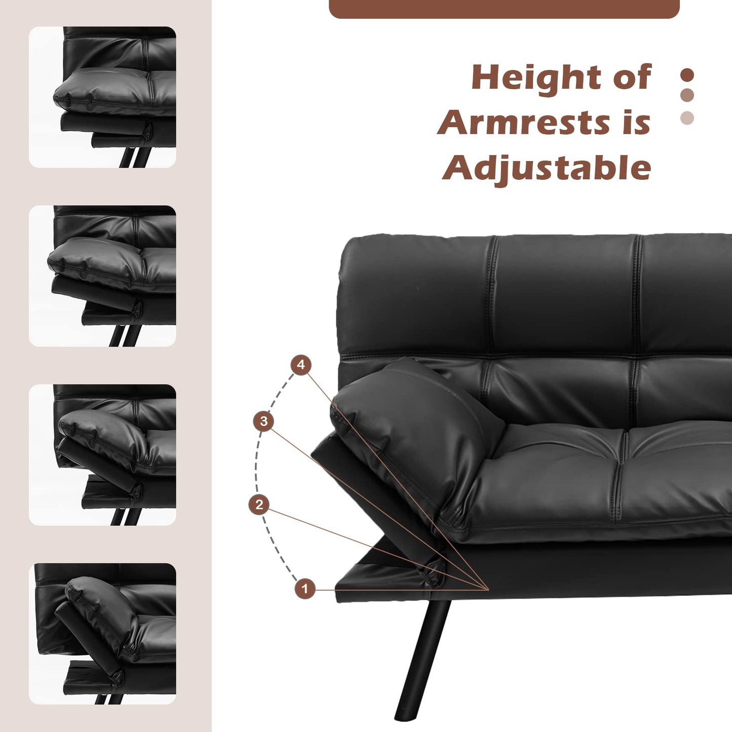 COSTWAY 2/3 Seater Convertible Sofa Bed, Click Clack Sleeper Couch with Reclining Backrest, Adjustable Armrests & 6 Metal Legs, Padded Loveseat for Living Room and Bedroom (PU Leather, Black)