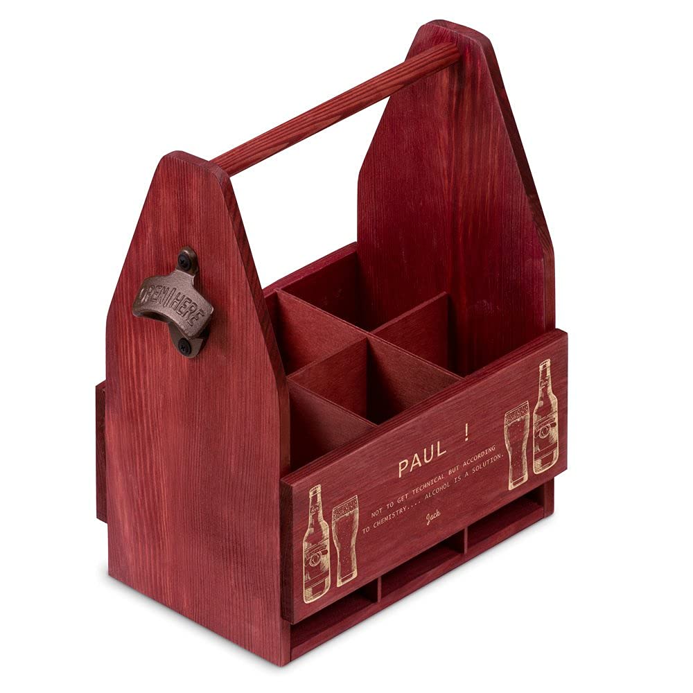 - Maverton Wooden Beer Crate with Handle | Engraved 6-Pack Bottle Carrier -