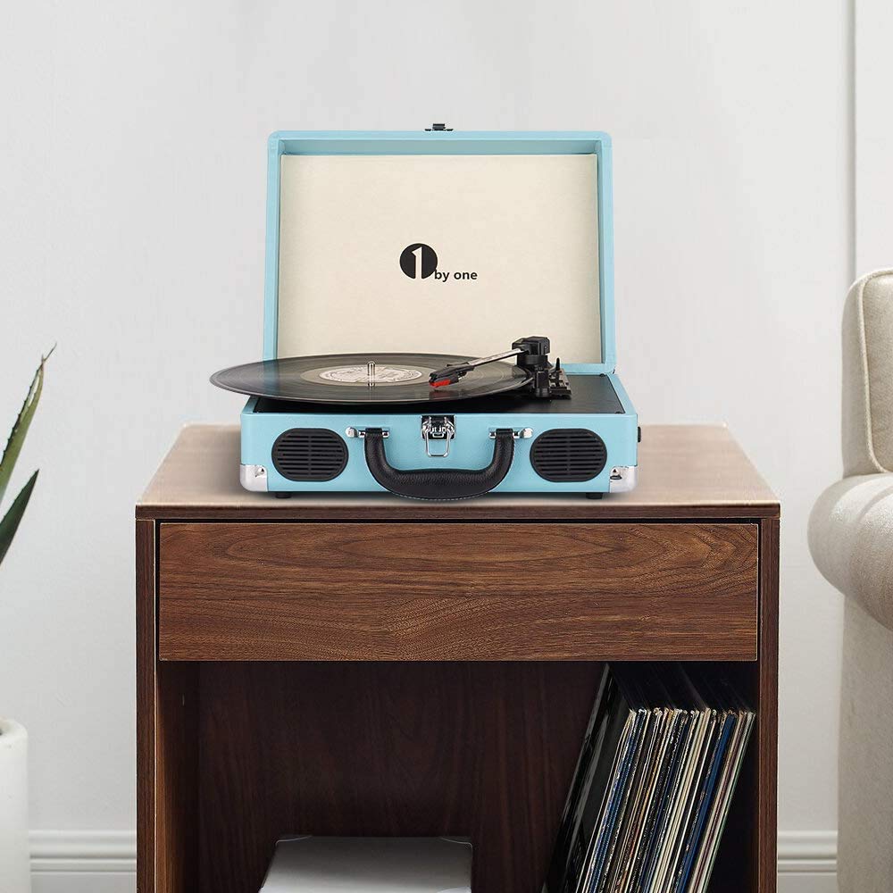 - 1 BY ONE Bluetooth Record Player Belt-Drive 3-Speed Portable Vinyl Turntable with Built in Speakers