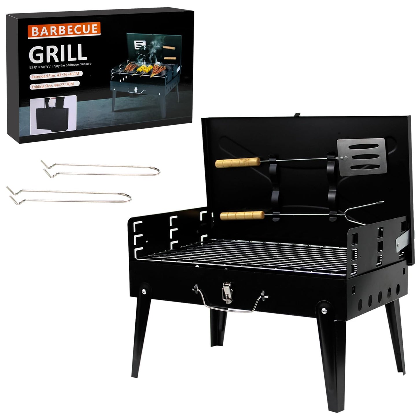 Crystals Portable BBQ Charcoal Grill - Folding Small Travel BBQ Grill with Tool Set - Mini Foldable Stainless Steel BBQ Grill for Camping, Garden, Picnic, Outdoor - Black