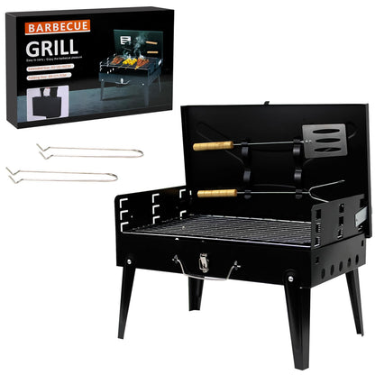 Crystals Portable BBQ Charcoal Grill - Folding Small Travel BBQ Grill with Tool Set - Mini Foldable Stainless Steel BBQ Grill for Camping, Garden, Picnic, Outdoor - Black