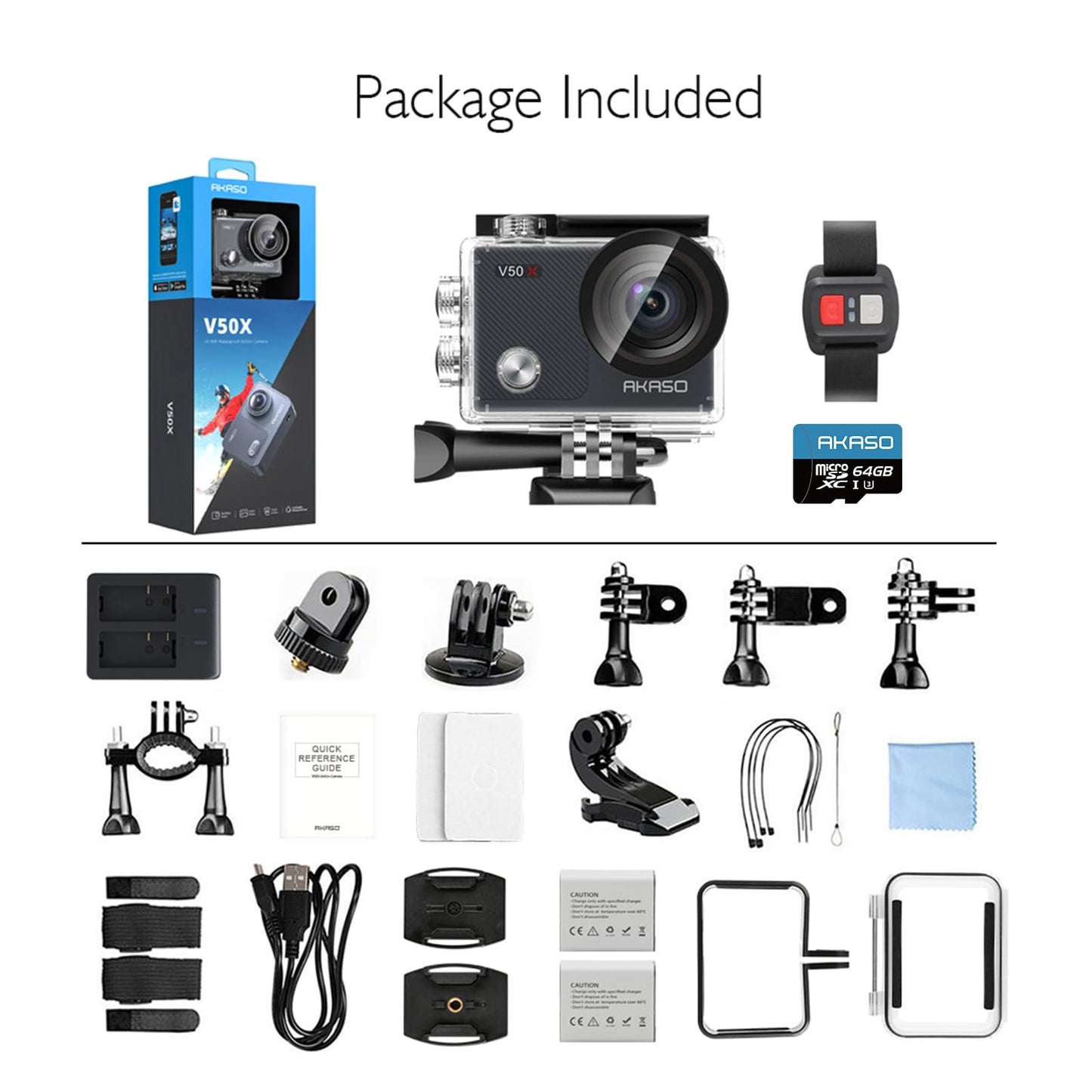 AKASO V50 X Action Camera with 64GB microSDXC Memory Card - Native 4K Wifi Underwater 40M EIS Anti-Shake Cam with Touch Screen, Remote Control, Waterproof Case and Mounting Accessories Kit