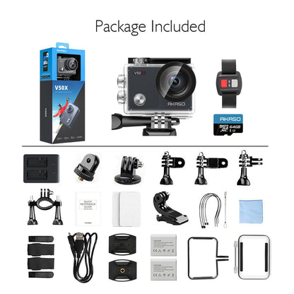 AKASO V50 X Action Camera with 64GB microSDXC Memory Card - Native 4K Wifi Underwater 40M EIS Anti-Shake Cam with Touch Screen, Remote Control, Waterproof Case and Mounting Accessories Kit