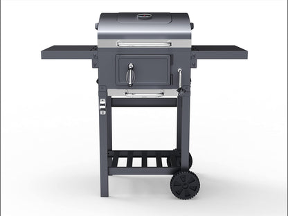 Charcoal BBQ Grill Smoker Stainless Steel with Folding Side Table Shelves, Built-In Thermometer, Wheels, Adjustable Height Outdoor Barbecue BillyOh Kentucky, Black