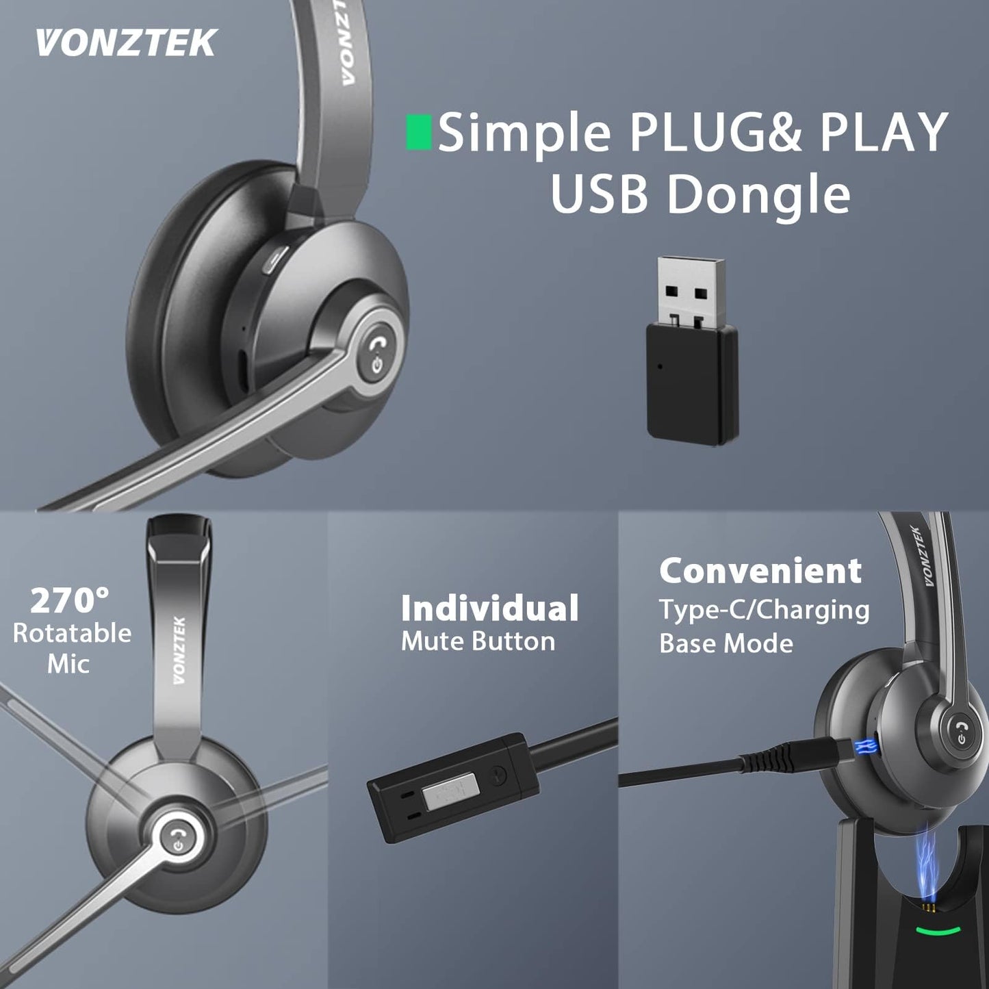Bluetooth Headset,Wireless Headset with Microphone Noise Canceling & Mute, Wireless Headphones with Microphone with USB Dongle & Charging Dock for Office Skype Zoom Meeting