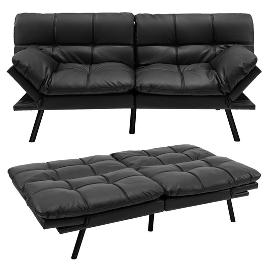COSTWAY 2/3 Seater Convertible Sofa Bed, Click Clack Sleeper Couch with Reclining Backrest, Adjustable Armrests & 6 Metal Legs, Padded Loveseat for Living Room and Bedroom (PU Leather, Black)