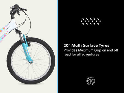 - Schwinn Shade Kids Mountain Bike | 20-Inch Tyres | 12.25-Inch Frame | Front Suspension | 6 Speed Shifters | V-Brakes | Recommended Ages 5 - 8 Years | White -