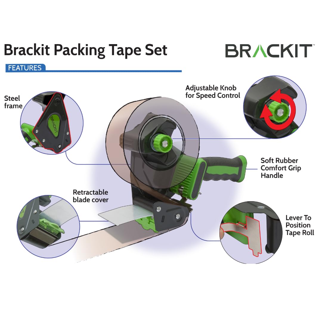 Bracket Tape Gun, Pack of 6 Clear Rolls 48mm x 66m Strong Heavy Duty Packing Tape for Regular Use or Moving – Easily Seals Your Parcels and Boxes