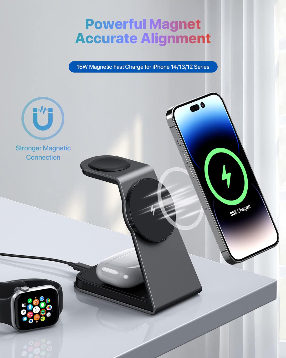 3 in 1 Mag-Safe Wireless Charging Station,Aluminum Alloy Magnetic 18W Fast Charger Stand Compatible with iPhone 15/14/13/12 Series,Apple Watch Series,Airpods 3/2/pro