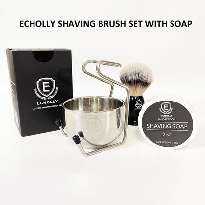 4pcs Shaving Brush Set by Echolly-Premium Mens Shaving Brush,Stainless Steel Stand,Bowl,Shaving Cream Soap,Wet Shaving Kit for Men,Boyfriends,Fathers