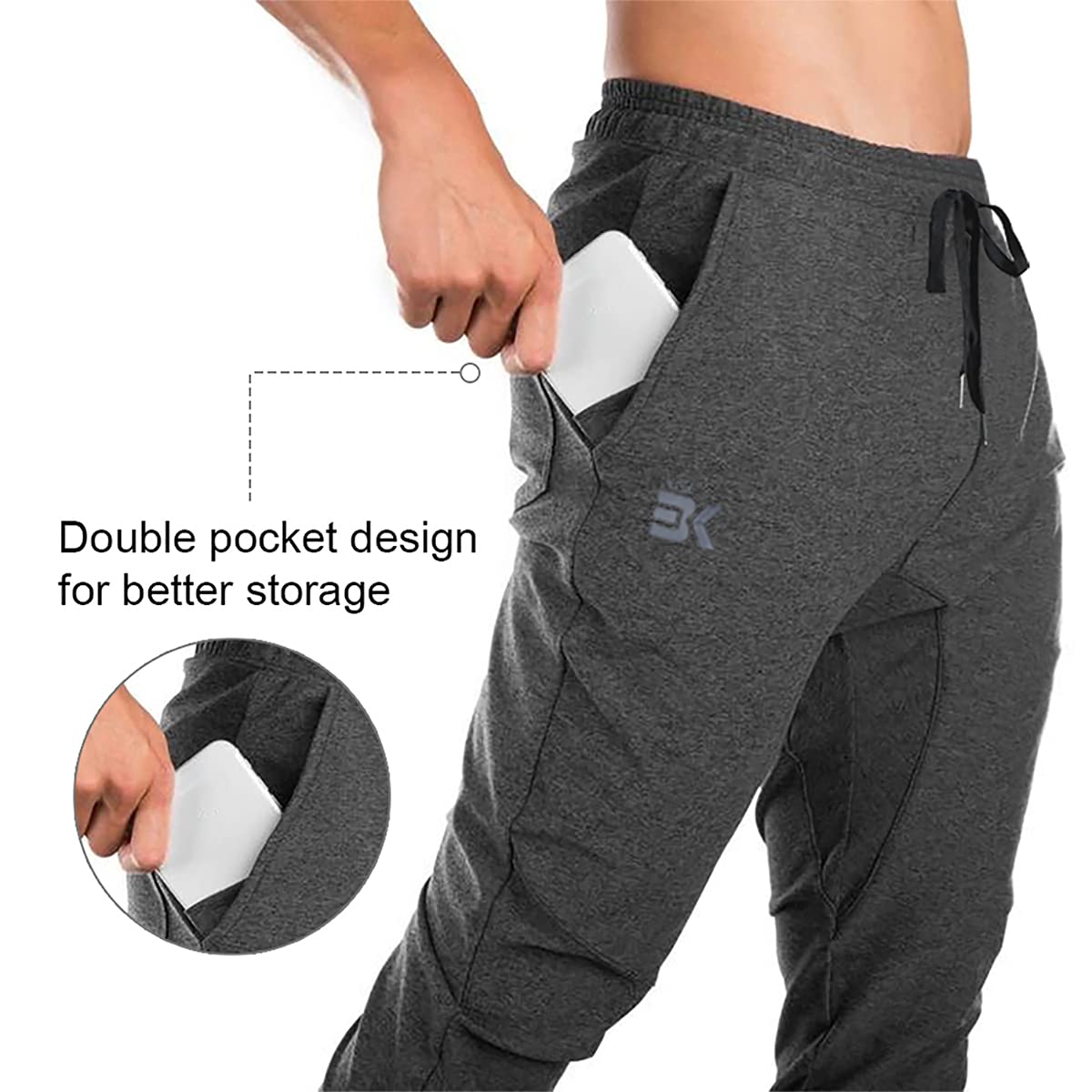 BROKIG Mens Gym Joggers Sweatpants, Causal Slim Fit Running Trousers Tracksuit Jogging Bottoms with Double Pockets(Small,Grey)