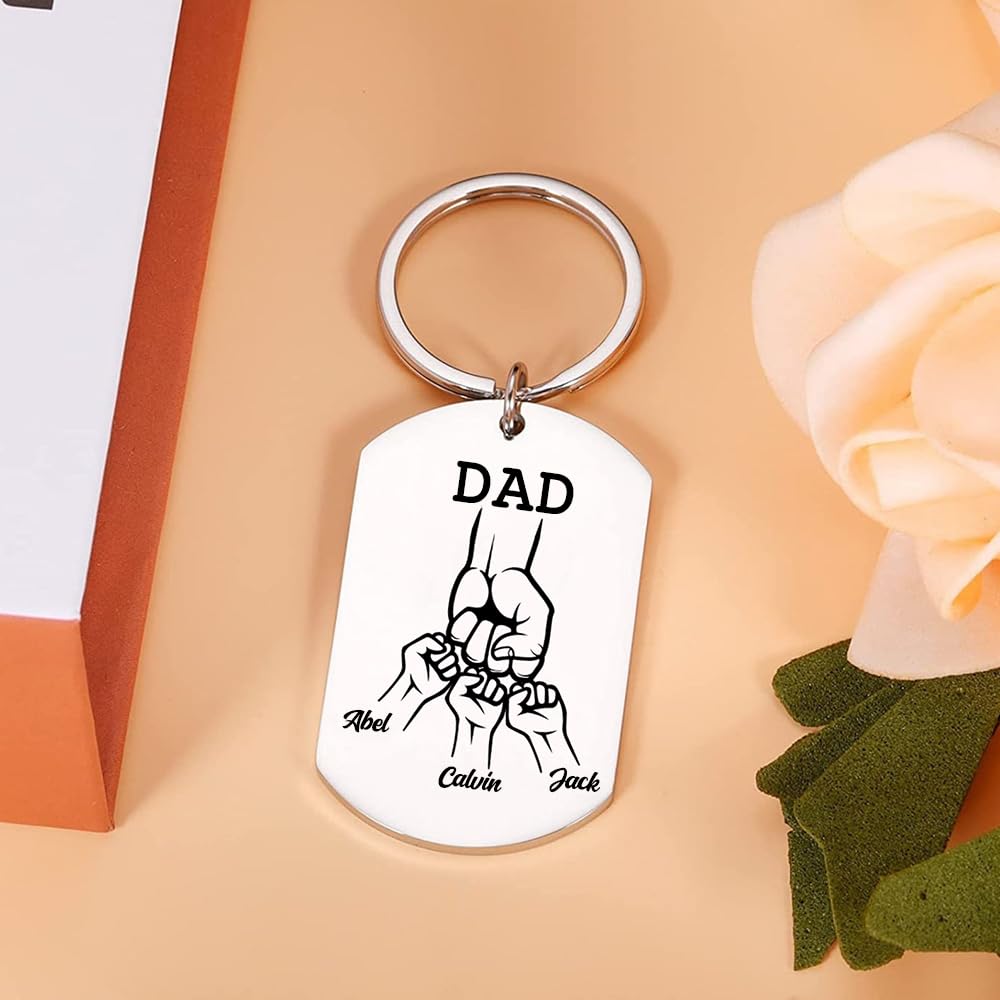 Dad Keyring Personalised with Names Photo Engraved Fathers Day keychain from Son and Daughter Gift for Christmas Birthday (3 names)