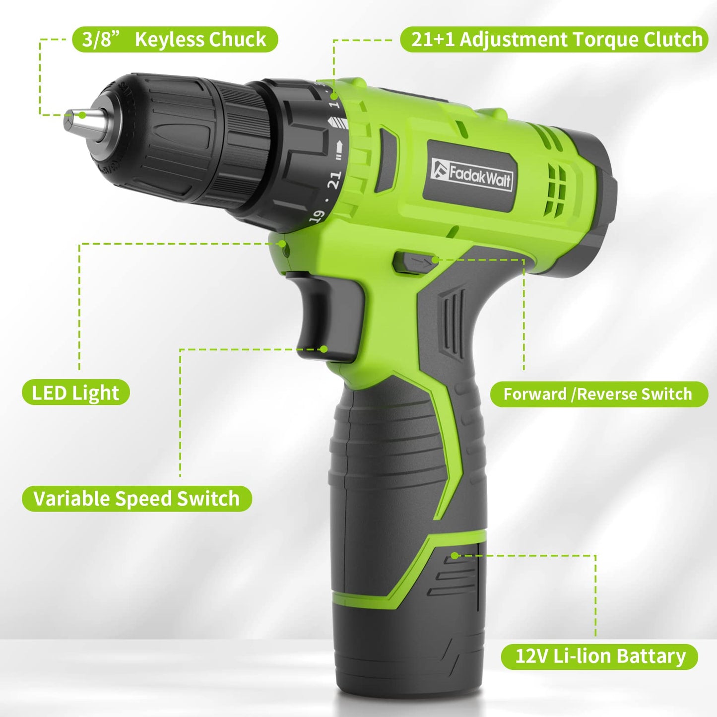 - FADAKWALT 12V Cordless Drill, Battery Power Drill Drivers | 3/8” inch Keyless Chuck | Electric Screwdriver Kit | 21+1 Torque Setting | Combi Drill with Li-Ion Battery and Charger -