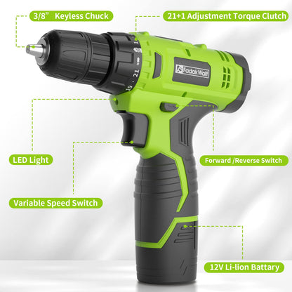 - FADAKWALT 12V Cordless Drill, Battery Power Drill Drivers | 3/8” inch Keyless Chuck | Electric Screwdriver Kit | 21+1 Torque Setting | Combi Drill with Li-Ion Battery and Charger -