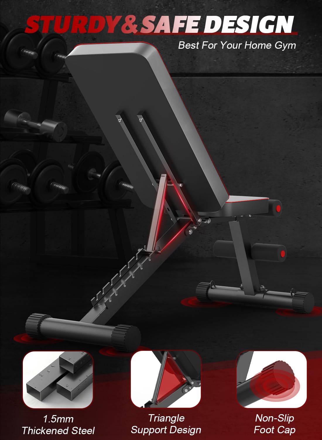 Adjustable Weight Bench, Utility Foldable Weights Bench for Full Body Workout, 7 Backrest Adjustment Multifunctional Incline/Decline Bench Press for Home Gym, Weight Capacity 660LBS