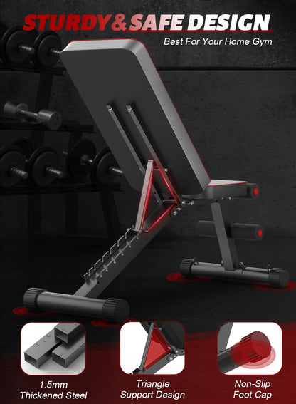 Adjustable Weight Bench, Utility Foldable Weights Bench for Full Body Workout, 7 Backrest Adjustment Multifunctional Incline/Decline Bench Press for Home Gym, Weight Capacity 660LBS