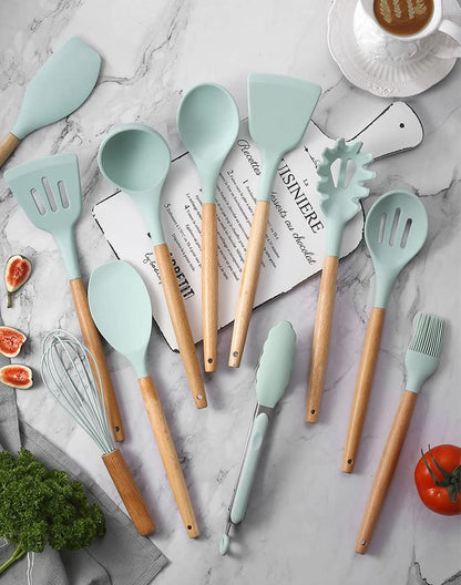 - FIOUSY Kitchen Utensil Set | 12 PCS Silicone Cooking Utensils Set | With Wooden Handle -