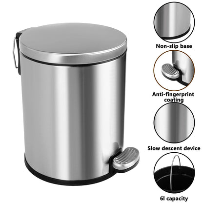 ASelected 6L Round Bathroom Pedal Bin Stainless Steel Pedal Bin for Bathroom Bedroom Office