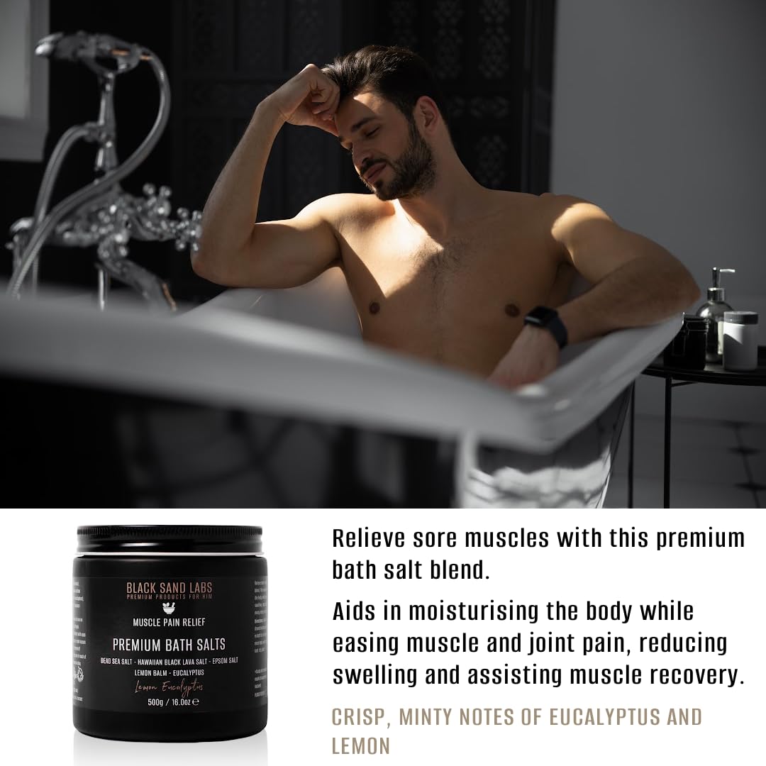 Black Sand Labs Premium Bath Salts for Him, Premium Blend of Dead Sea, Hawaiian Black Lava & Epsom Salts for Muscle and Joint Pain Relief, Luxury Bath Salts for Men (Lemon Eucalyptus)