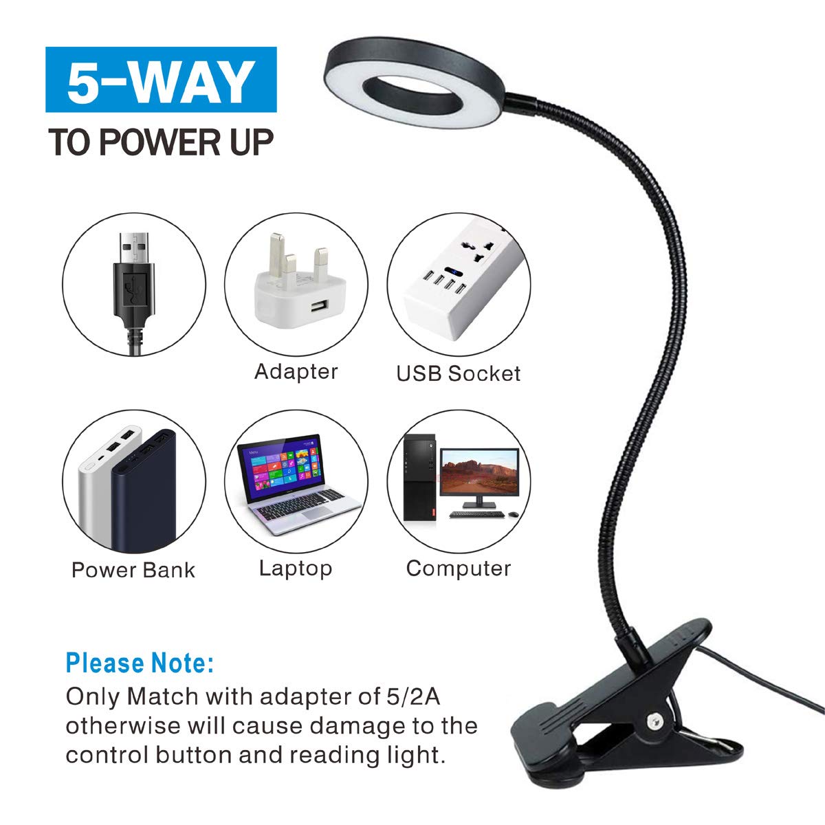 - KNAMKY USB LED Desk Lamp Clip On Light | 3 Light Mode | 10 Dimmable Brightness -