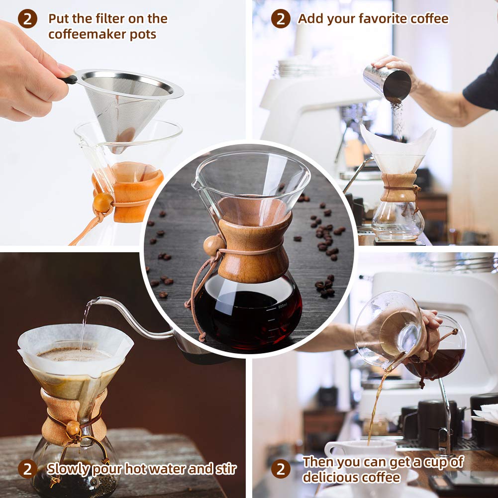 Bestcool Pour Coffee Maker, 400ml Manual Coffee Dripper Brewer with Stainless Steel Filter Borosilicate Glass Carafe with Real Wood Sleeve - No Paper Filters Needed
