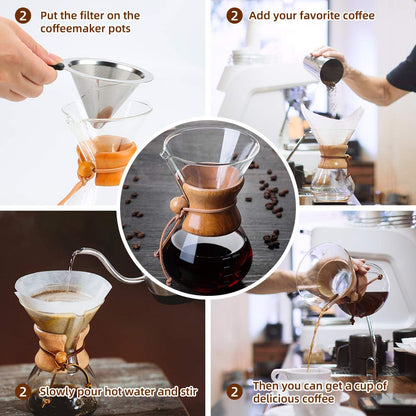 Bestcool Pour Coffee Maker, 400ml Manual Coffee Dripper Brewer with Stainless Steel Filter Borosilicate Glass Carafe with Real Wood Sleeve - No Paper Filters Needed