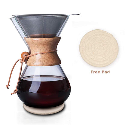 - QLESHINING Wood Neck Pour Over Coffee Maker | Permanent Filter and Coaster Pad -