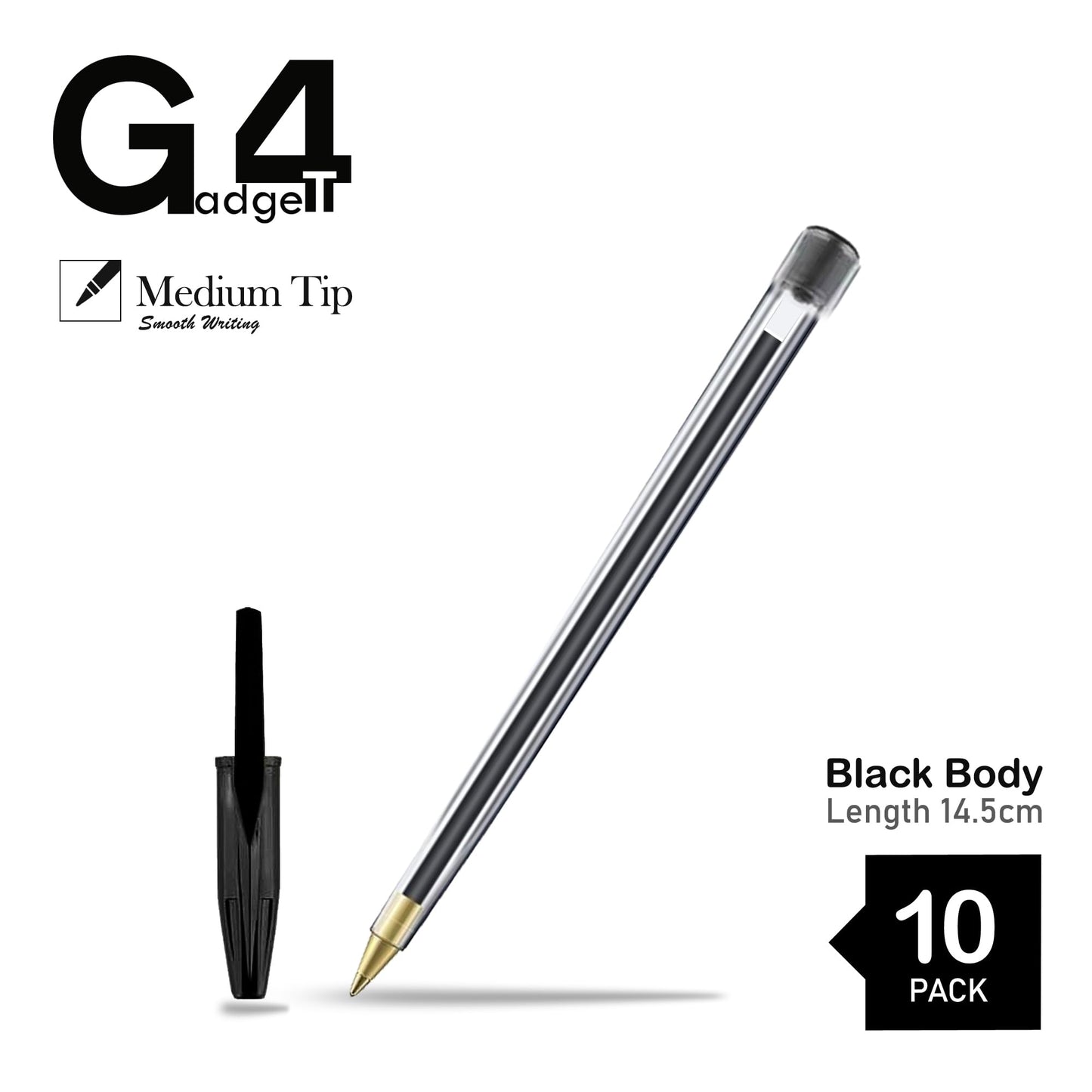 - G4GADGET Premium Pack of 10 Black Biro Ballpoint Pens | Medium Tip for Fluent | Smooth Writing -