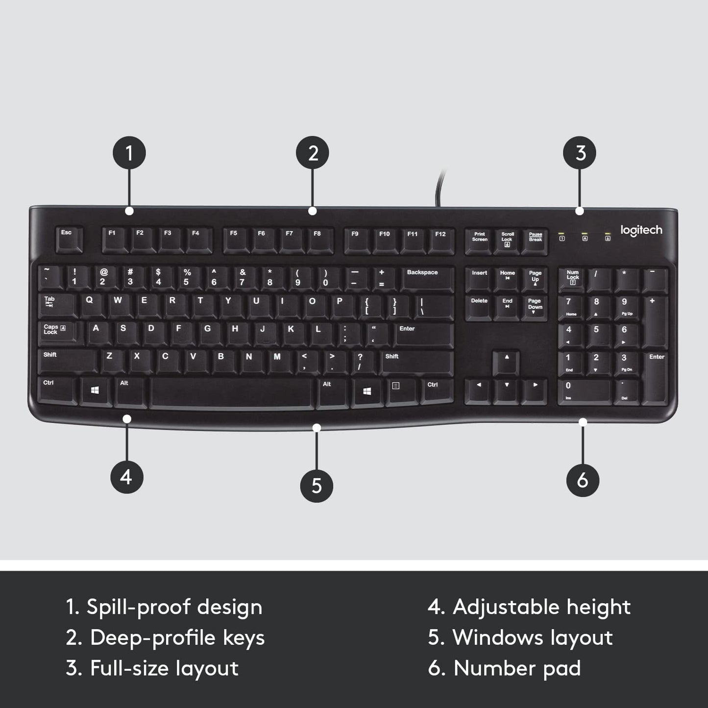 - Logitech K120 Wired Keyboard for Windows | USB Plug-and-Play | Full-Size | Spill-Resistant -