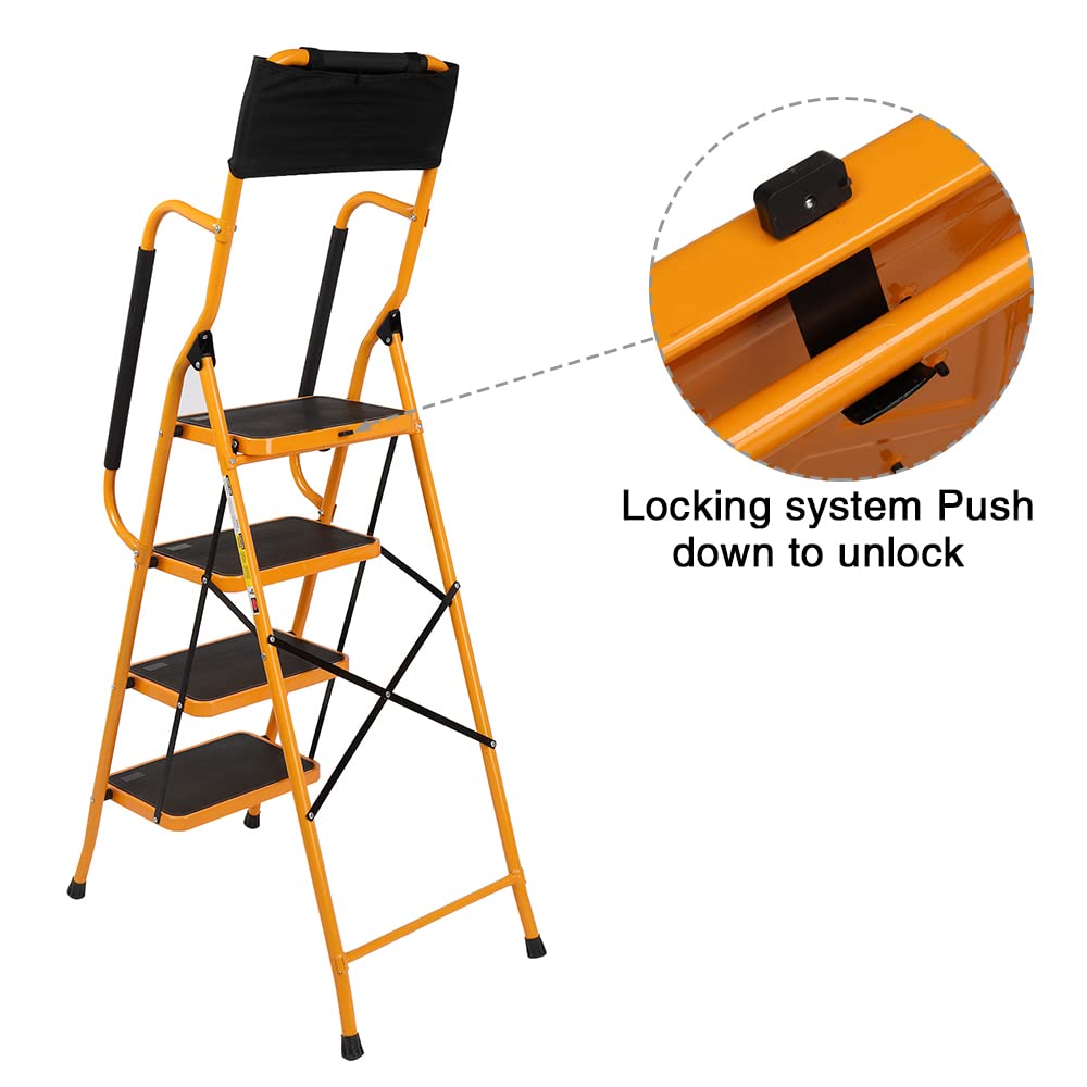 - Karlhome 4-Step Folding DIY Step Ladder With Safety Handrail & Toolbag | 150kg Capacity -