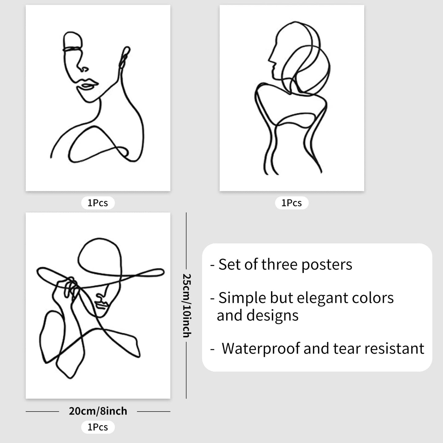 3 Pcs Poster Minimalist Line Art Prints Abstract Line Wall Artwork Art Poster Waterproof Black White Face Drawing Paintings Picture Hanging Kit for Bedroom Living Room, 8 x 10 Inch