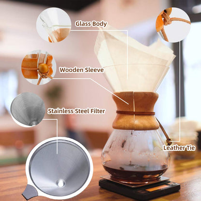 Bestcool Pour Coffee Maker, 400ml Manual Coffee Dripper Brewer with Stainless Steel Filter Borosilicate Glass Carafe with Real Wood Sleeve - No Paper Filters Needed