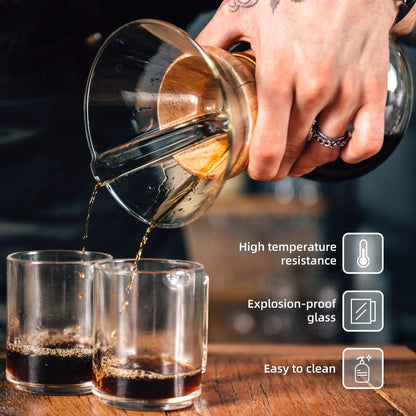 Bestcool Pour Coffee Maker, 400ml Manual Coffee Dripper Brewer with Stainless Steel Filter Borosilicate Glass Carafe with Real Wood Sleeve - No Paper Filters Needed