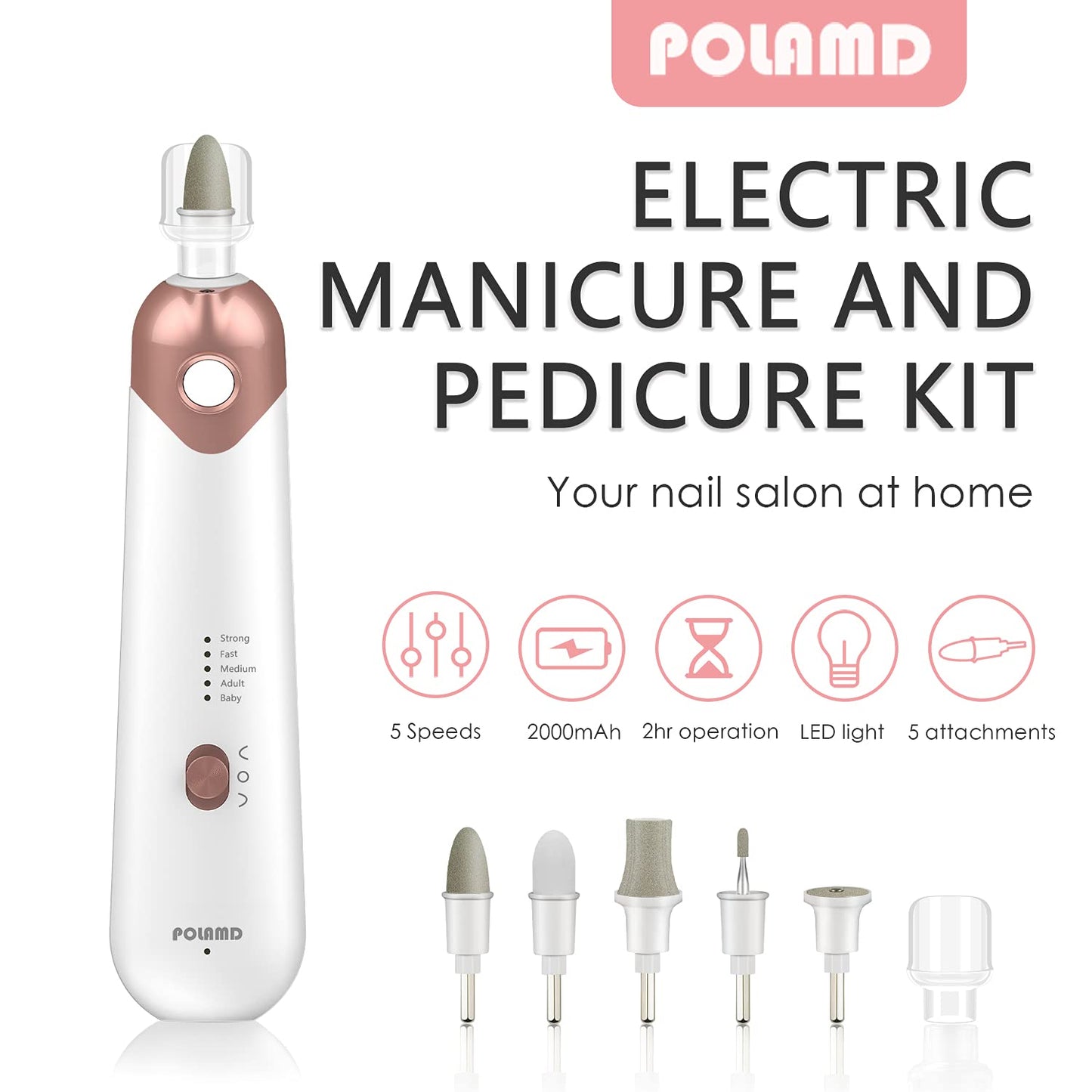 - POLAMD Cordless Manicure and Pedicure Set | Rechargeable Electric Nail Files | 5-Speed, LED Light -
