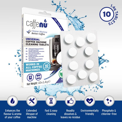 Caffenu | Coffee Machine Cleaner Tablets | 10 x 1.4g Tablets | Use every 100 cups | Auto, Filter & Espresso Machine Cleaning Tablets | used with Descaling