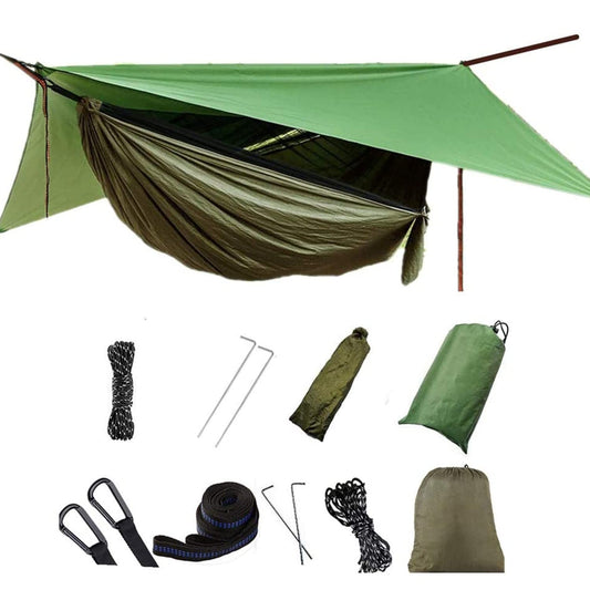 Camping Hammock with Rain Fly Tarp Mosquito Net Heavy Duty Tree Straps Portable Single Double Parachute Hammock Tent Waterproof Rainfly Set for Garden Beach Travel Backpacking outside Activities