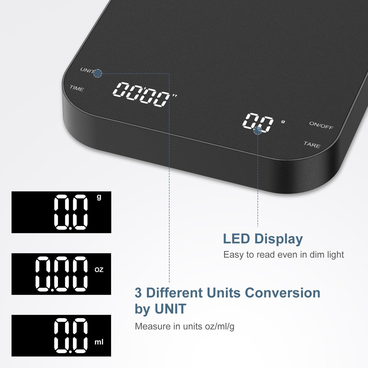 Ankilo Coffee Scales, 3 kg/0.1 g Digital Kitchen Coffee Scales with Timer High Precision Sensor, USB Rechargeable LED High Display Espresso Scale Compatible with Various Brewing Methods