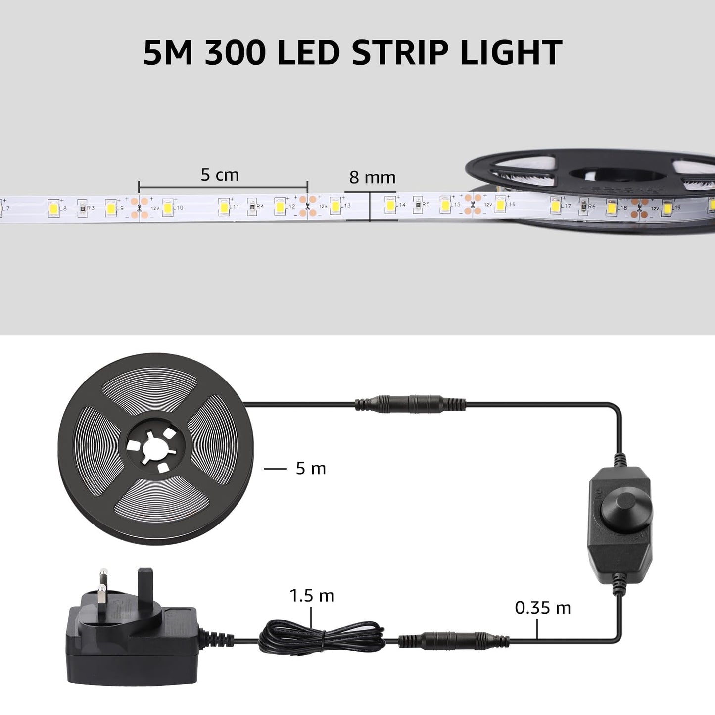 - Lepro LED Strip Light | White | 5M | 300 LEDs | Dimmable Strip Lights -